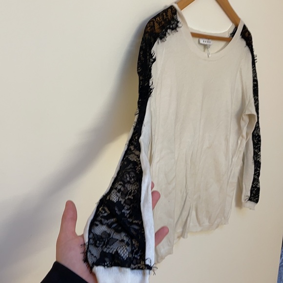 SANDRO Black and White Lace Colorblock Pattern Scoop Neck Sweater - Picture 5 of 10